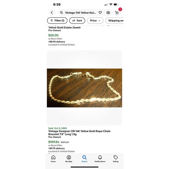 Vintage Designer OR 14K Yellow Gold Rope Chain Bracelet 1.5 Grams Approx 7.5” - Picture 3 of 10